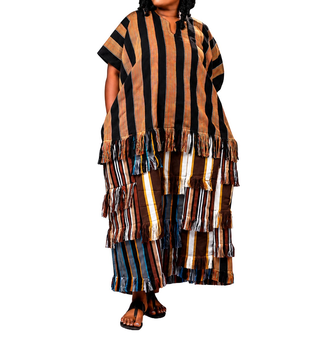 Handwoven Fugu Fringe Raffle Maxi Dress
