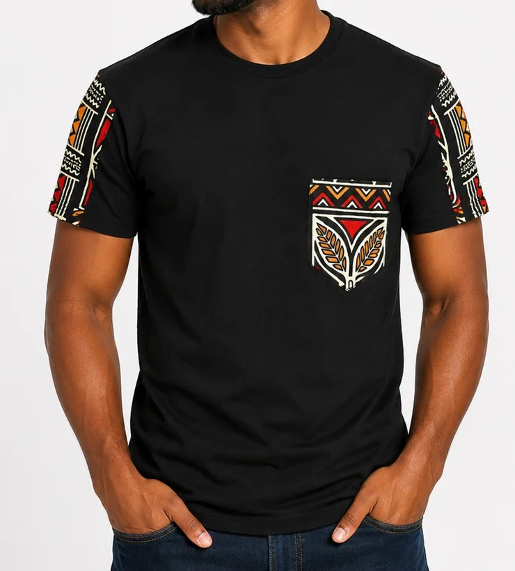 AF-Red Bogolan Symbols Pocket.T-shirt