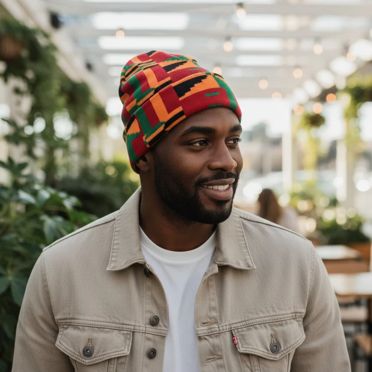 AF- Print Beanie / Winter hat - Green Kente