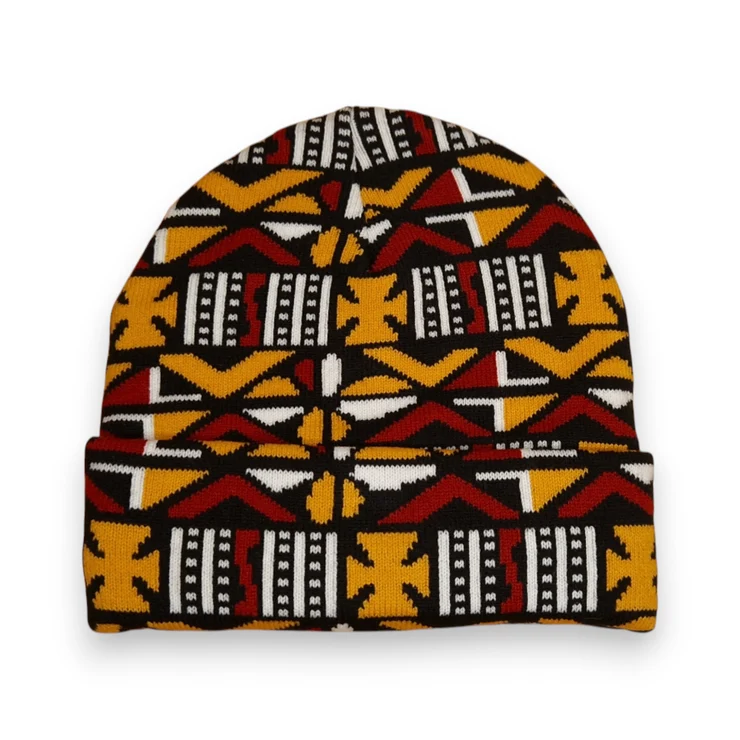 AF-African Print Beanie / Winter hat - Brown Cross Bogolan