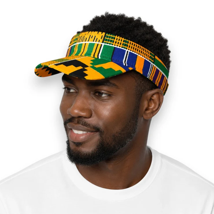 AF-African print Sun visor cap - Yellow Blue Kente Blocks