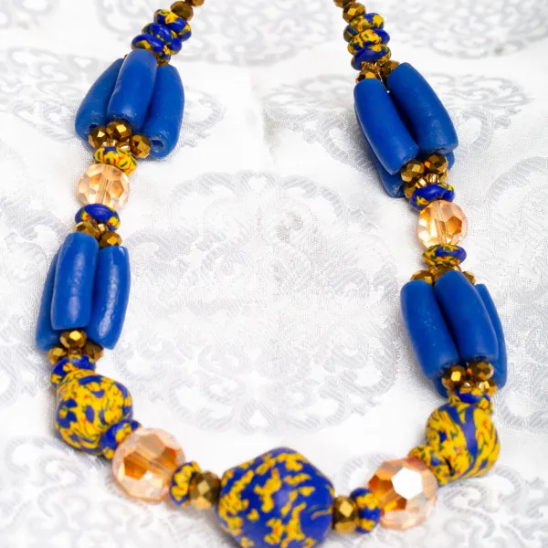 AK Blue and Yellow Glass Crafted Ghanaian Neck Beads