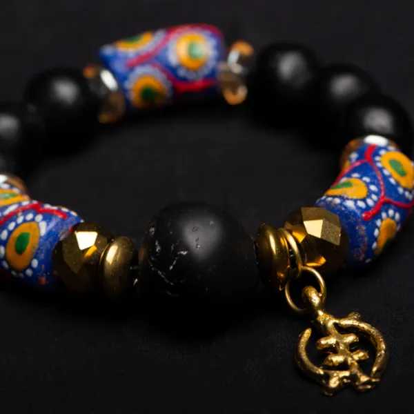 AK Gold Gye Nyame with Blue, White, and Red Beads