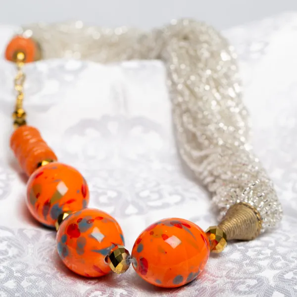 AK Silver with Orange Glass Crafted Ghanaian Neck Beads