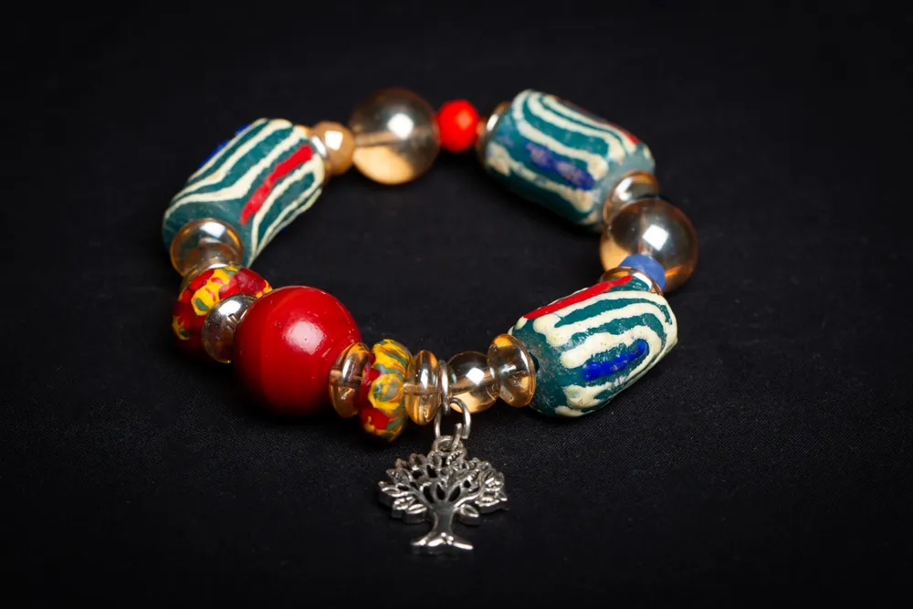 AK Turquoise and Clear Beads, with Large Red Bead and Tree